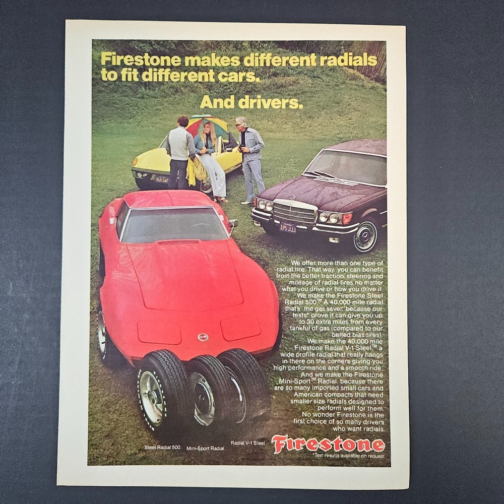 1974 Firestone Tires Steel Radial 500 Mini-Sport V-1 Vintage Print Ad Corvette